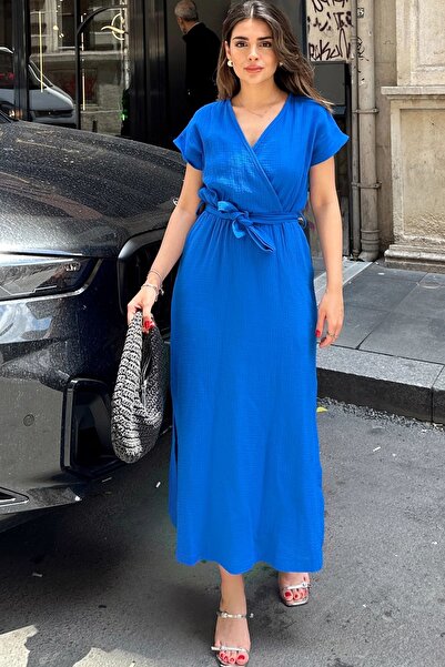 Juuuj Saks Kruvaze Yaka, з розрізом, з поясом на талії, не ковзає, бавовняна, імпортна муслінова тканина, довга сукня