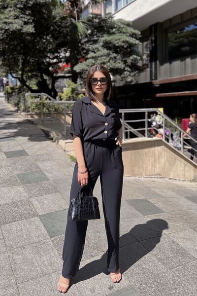 Juuuj Black Apaš Collar, Short Sleeve, Linen/Airobin Fabric, Relaxed Fit, Half Placket, Gathered Waist Jumpsuit