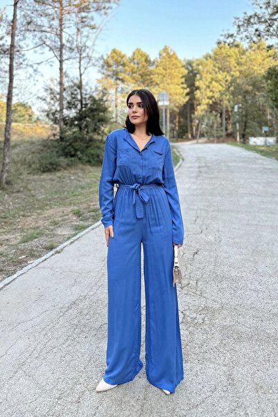 Juuuj Mânecă lungă indigo pentru femei, gât rotund, centură și centură elastică, buzunar dublu, salopetă largi