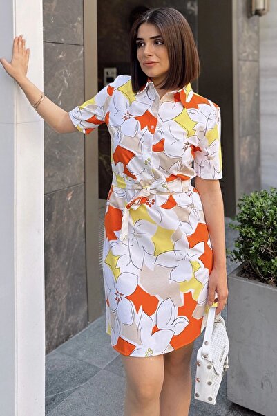 Juuuj Orange & White Short Sleeve, Patterned Poplin Fabric, Waist Fitting Cut...