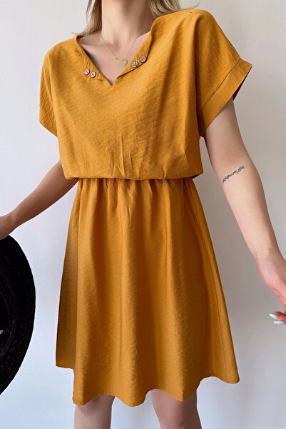 Juuuj Women's Mustard Short Sleeve, Heart Collar, Textured Pattern, Waist Fitting, Aerobin Elastic Waist Midi Dress