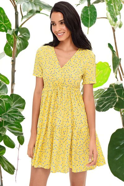 NEW LAVİVA Rochie de damă, galbenă, cu decolteu în V, cu talie, cu șireturi, cu volan, în linie A, cu jumătate de mânecă, cu model, mini rochie scurtă casual