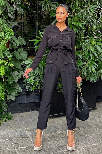 NEW LAVİVA Black Long Sleeve - Shirt Collar Airobin Safari Women's Overalls with Pockets and Belt