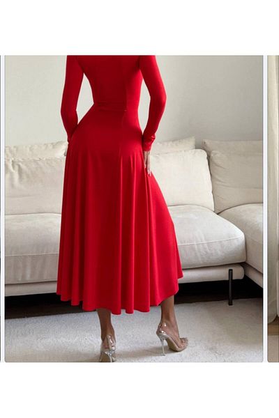 hipnoz butik Women's Square Collar Long Sleeve Slit Dress