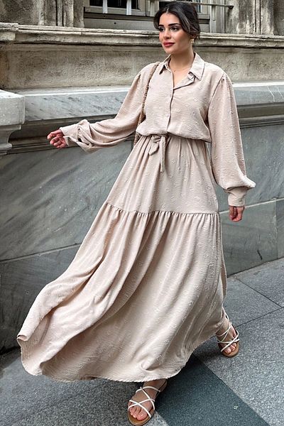 NEW LAVİVA Țesătură texturată bej pentru femei, cu centură în talie, mânecă cu balon, linie A, rochie maxi vintage - potrivită pentru hijab