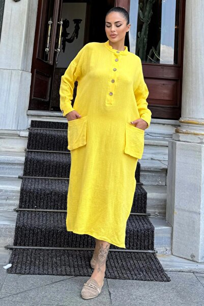 Juuuj Women's Yellow Oversize, Relaxed Fit, Pocketed, Long Muslin Dress