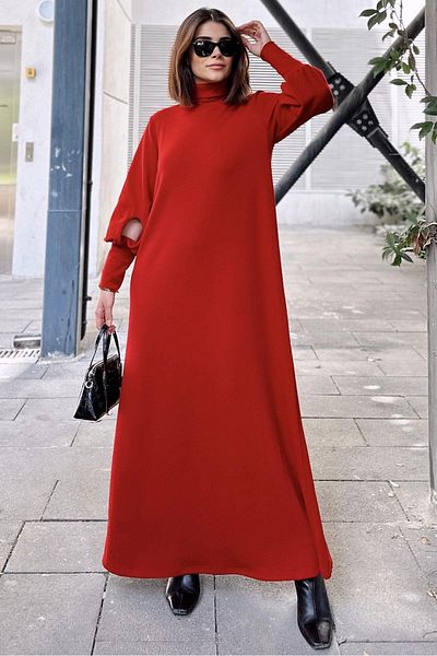 NEW LAVİVA Rochie roșie cu gât roșu pentru femei, manșetă cu mânecă lungă și detaliu fereastră, linie A, rochie largi, lungă