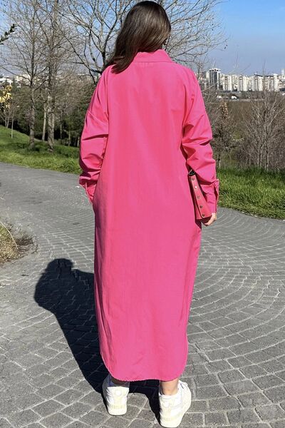 Juuuj Γυναικείο φούξια μακρυμάνικο φόρεμα, οβάλ κοψίματος, μακρύ και χαλαρό, πουκάμισο από ποπλίνα