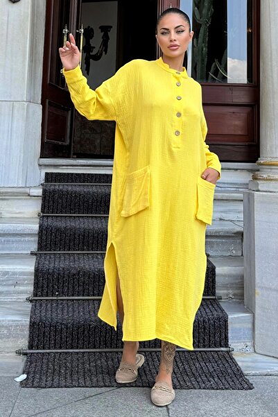 Juuuj Women's Yellow Oversize, Relaxed Fit, Pocketed, Long Muslin Dress