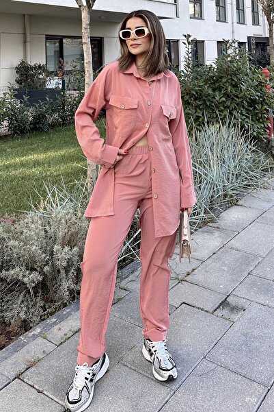Genel Markalar Kadın Pembe Çift Cepli Uzun Gömlek & Beli Lastikli Pantolon - ...