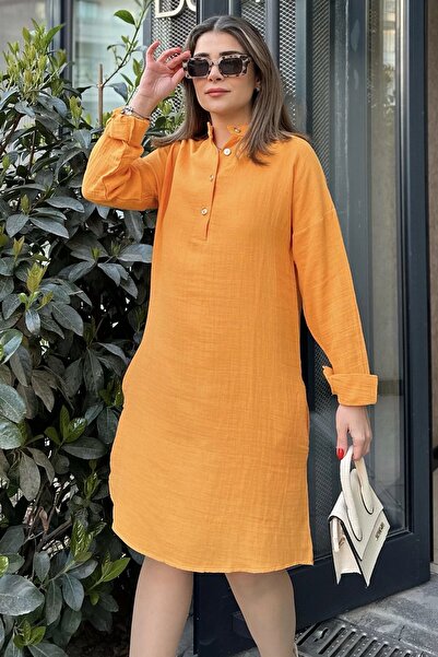 Juuuj Women's Mustard Judge Collar, Folded Wide Sleeve, Midi & Oversize Cut, Loose Muslin Dress