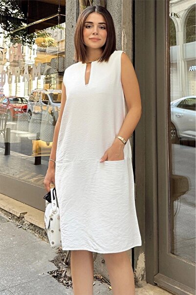 Juuuj White Sleeveless Slit Collar Hidden Double Pocket A-Line Comfortable Mi...