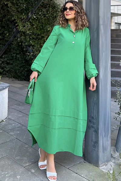 NEW LAVİVA ياقة قاضية خضراء وأكمام مطاطية - فستان نسائي طويل فضفاض من القماش المطوي