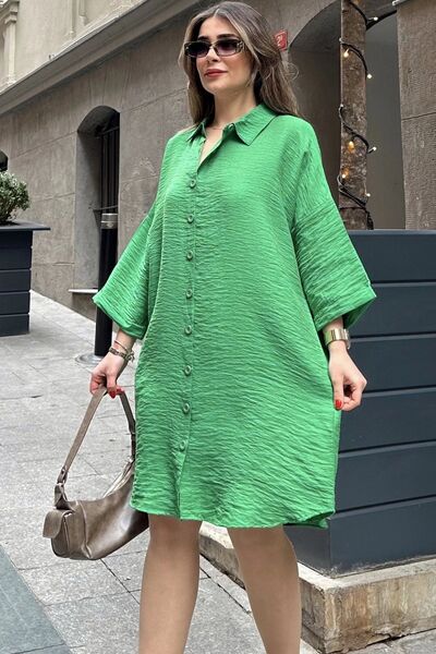 Juuuj Γυναικείο πράσινο πουκάμισο με μισό μανίκι, οβάλ κοψίματος στη φούστα, ...