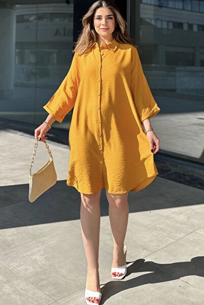 Juuuj Women's Mustard Fold Half Sleeve, Oval Cut Skirt, Midi Length, Loose Linen Shirt Dress