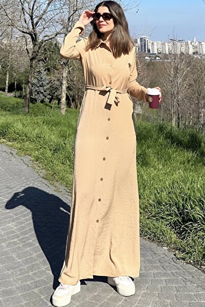 Juuuj Kadın Bej Kupra Kumaş, Uzun Kol, Beli Kuşaklı, Vucüda Oturan Kalıp, Uzun Gömlek Elbise