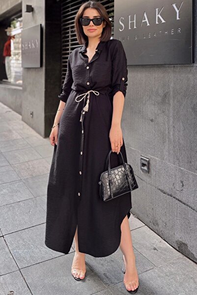 Juuuj فستان قميص طويل بأكمام طويلة مطوية باللون الأسود، مصنوع من قماش الكتان/...