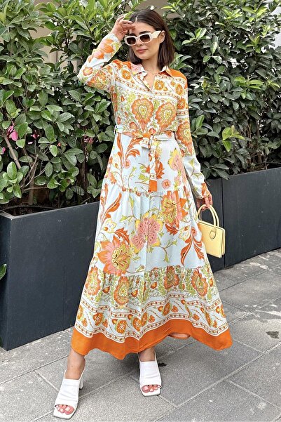 Genel Markalar Kadın Turuncu Desenli Gömlek Yaka, Uzun Kol, Eteği Pliseli, Be...