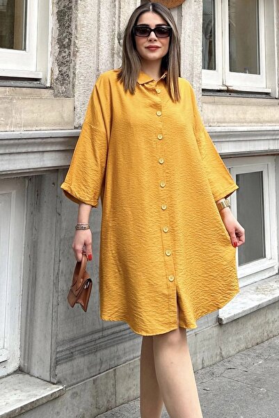 Juuuj Women's Mustard Fold Half Sleeve, Oval Cut Skirt, Midi Length, Loose Linen Shirt Dress