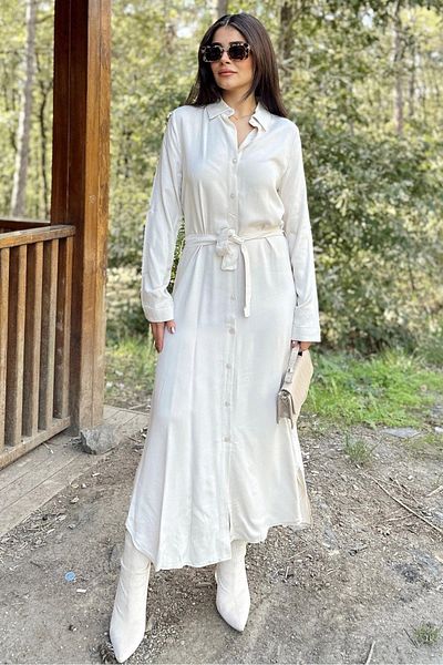 NEW LAVİVA Beige Viscose Shirt Dress - Long Sleeve, Belted Waist, Oval Skirt