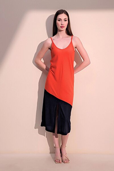 Juuuj Women's Coral & Black Comfortable Asymmetrical Block Slit Strap Long Dress