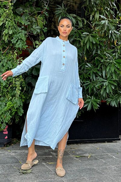 Juuuj Rochie lungă de muselină pentru femei, albastru bebeluș, oversize, cu croială confortabilă, cu buzunare