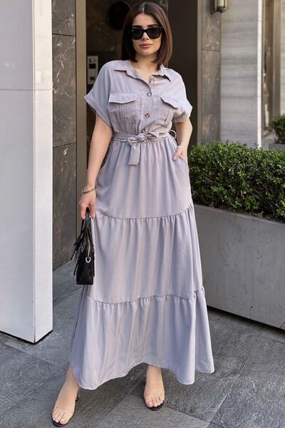 Genel Markalar Gri Kısa Kol, Airobin Kumaş, Yarım Patlı, Kemerli/Kuşaklı, Ete...