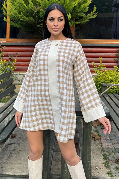 Juuuj Шерстяна тканина з візерунком у вигляді квадратів, широкі манжети, сукня середньої довжини