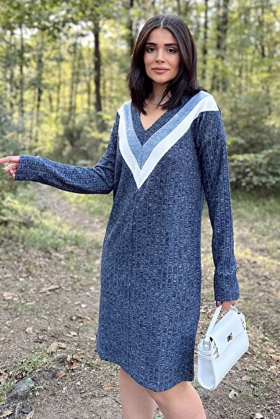 Juuuj Ženska tamnoplava haljina sa V-izrezom Sa ukrasnim detaljima, Self Sa d...