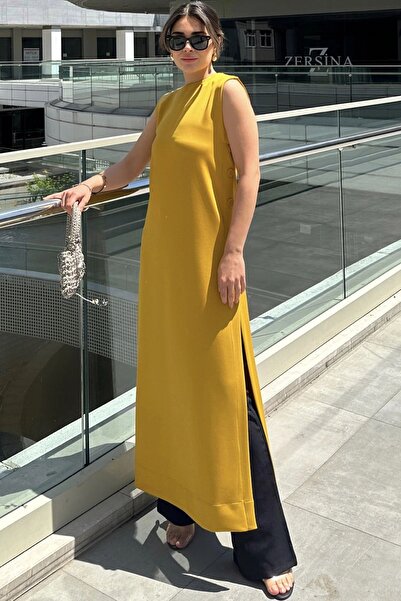 Juuuj Women's Mustard Sleeveless, Round Neck, Deep Slit, A-Line Lycra Tunic Dress