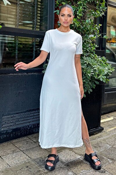 Juuuj Women's White Short Sleeve, Crew Neck, Buttoned Shoulder, Double Slit, ...