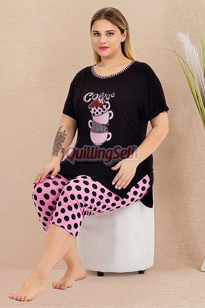 quilling Pink - Black Color and Polka Dot Lady 10723 Women's Plus Size Leggings and Capri Materni Pajamas Set