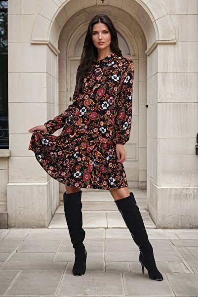 Juuuj Rochie neagră galbenă, imprimeu floral, guler stand, cu mânecă lungă