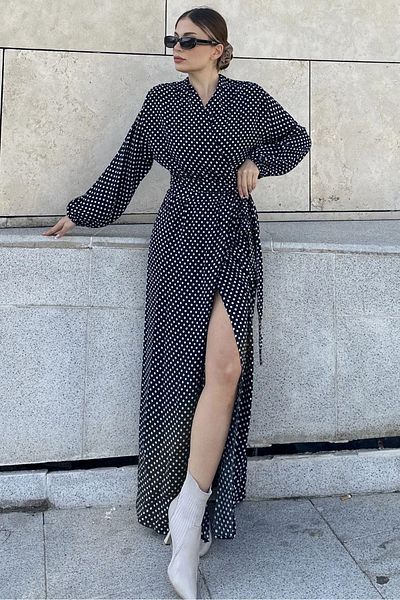 NEW LAVİVA Black Double Breasted Collar and Slit Loose Long Dress for Women - Belted Waist, Elastic Ankle