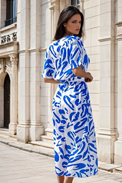 Juuuj Синьо-білий візерунок, V-подібний виріз, пояс, довга сукня