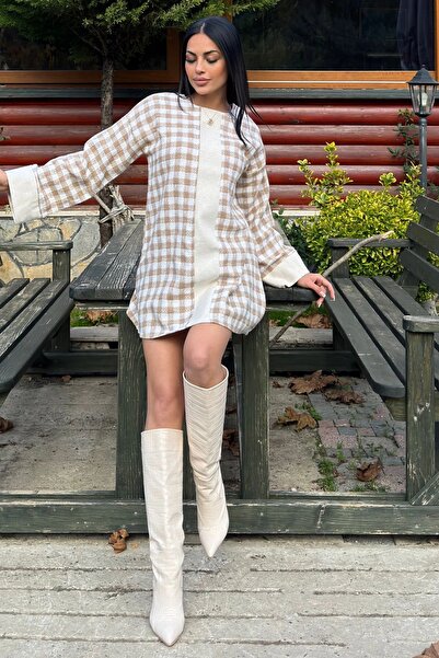 Juuuj Шерстяна тканина з візерунком у вигляді квадратів, широкі манжети, сукня середньої довжини