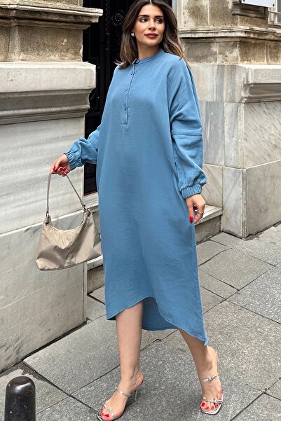 Juuuj Mânecă balon albastră pentru femei, guler înalt, bumbac anti-transpirație, țesătură muselină importată, rochie lungă și lejeră