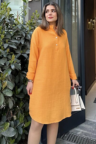 Juuuj Women's Mustard Judge Collar, Folded Wide Sleeve, Midi & Oversize Cut, Loose Muslin Dress