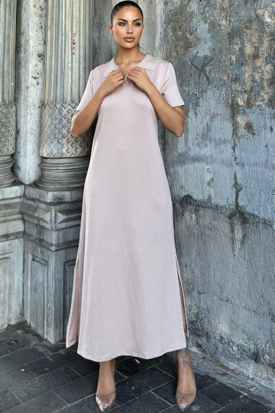 Juuuj Λαιμόκοψη πόλο βιζόν, κοντό μανίκι, σκίσιμο, βασικό μοντέλο, μακρύ φαρδύ φόρεμα