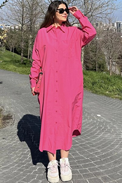 Juuuj Γυναικείο φούξια μακρυμάνικο φόρεμα, οβάλ κοψίματος, μακρύ και χαλαρό, πουκάμισο από ποπλίνα