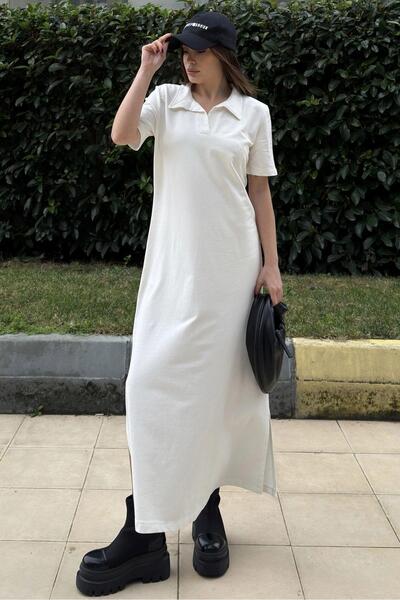 Juuuj Kadın Beyaz Polo Yaka, Kısa Kol, Yırtmaçlı, Basic Model, Uzun Salaş Elbise