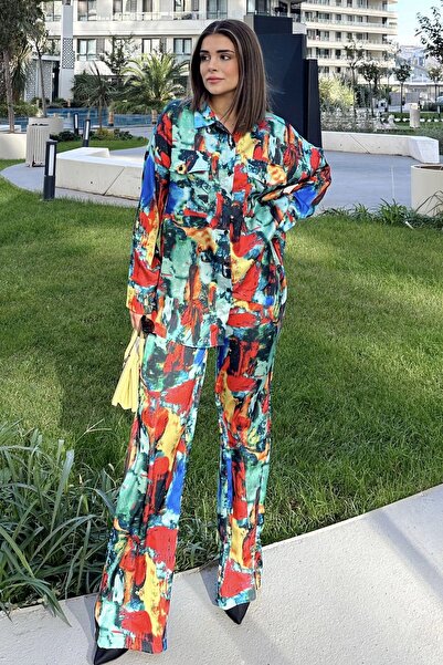 Juuuj Cămașă multicoloră cu buzunar dublu și pantaloni cu picioare largi pent...