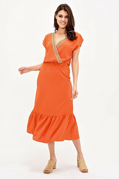 Juuuj Жіноча помаранчева сукня з круазером, з деталями з солом'яного плетіння, з короткими рукавами, прямого крою, максі-довжиною, довга, зручна та повсякденна сукня.