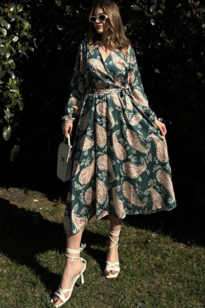 Juuuj Γυναικείο πράσινο διπλό γιακά, ζώνη στη μέση, ελαστικός αστράγαλος, φαρ...