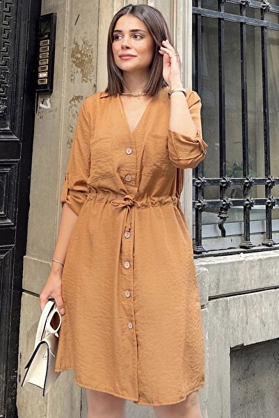 Juuuj Mânecă lungă camel, guler adânc de cămașă cravată în talie buzunar cu nasturi în față, rochie largi în linie A