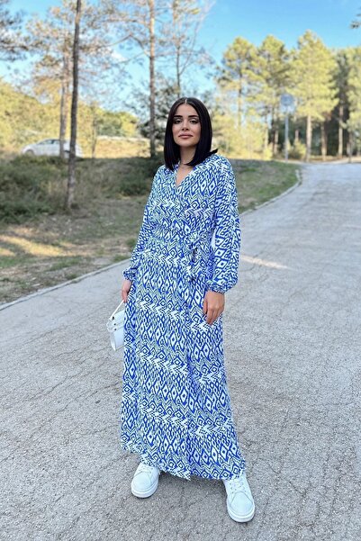 Juuuj Жіноча синьо-біла сукня з круазеним коміром, розрізом, поясом на талії, еластичними манжетами, вільного крою, довга сукня