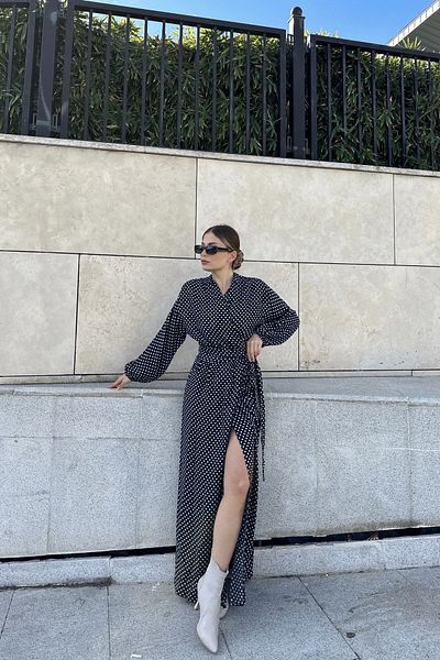 NEW LAVİVA Black Double Breasted Collar and Slit Loose Long Dress for Women - Belted Waist, Elastic Ankle