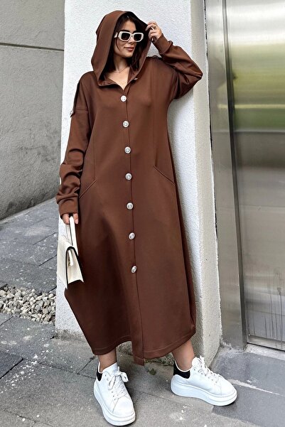 Juuuj فستان نسائي كاجوال بغطاء للرأس، كم طويل، تفاصيل أزرار، تنورة بيضاوية، ج...