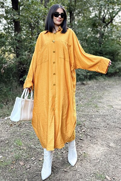 Juuuj Women's Mustard Bat Sleeve, Back Pleated, Double Pocket, Long Oversize Loose Shirt Dress