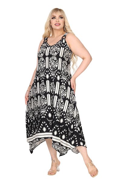 MELSAY Women's Strap V Neck White Retro Pattern Plus Size Dress